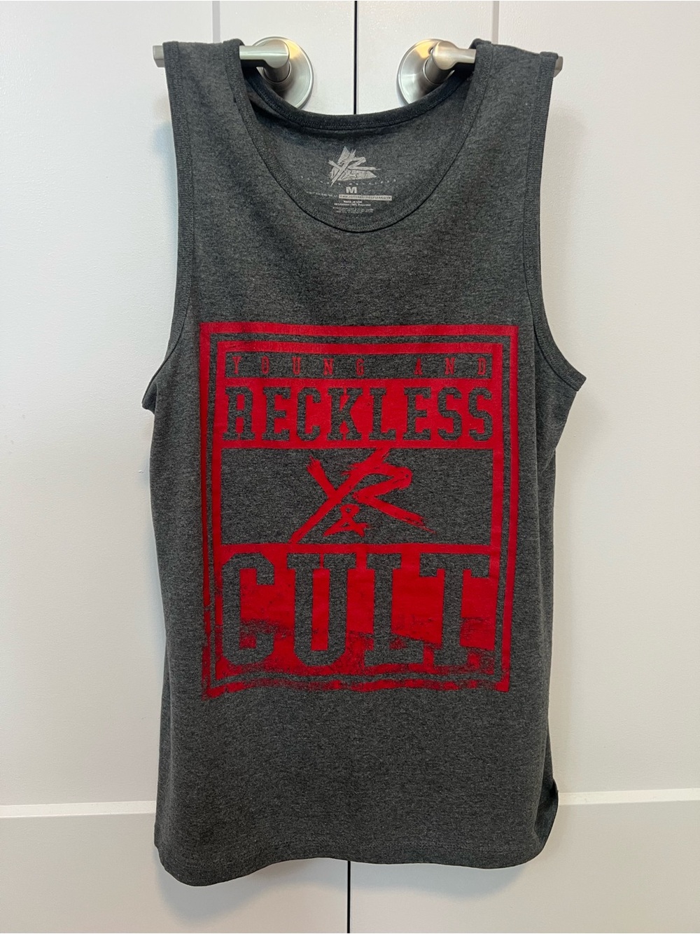 Young and Reckless Graphic Tank Top - Charcoal with Red Print